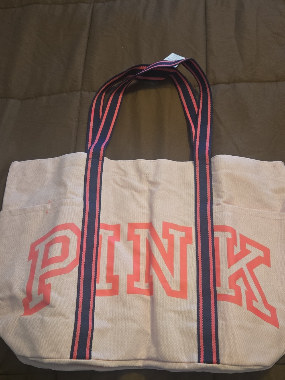 PINK Victoria's Secret Light Pink Canvas Tote with Black & Coral Striped Handles